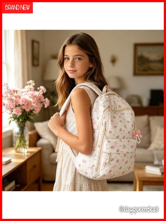 Floral Bow Backpack for Women Lightweight Laptop Bookbag College Travel main image 6